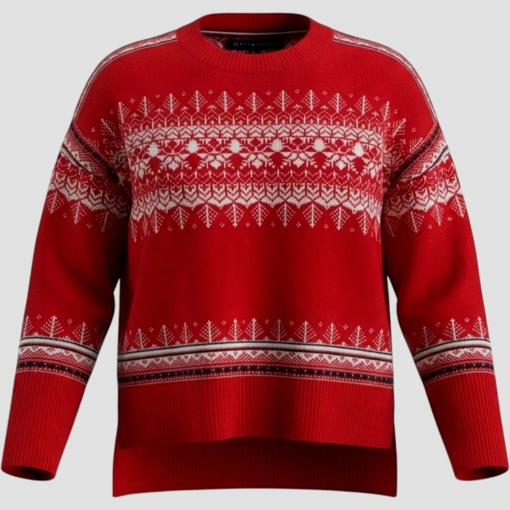 Tommy Hilfiger Holiday Sweater Womens Large Red Fair Isle Knit Oversized Hi Lo